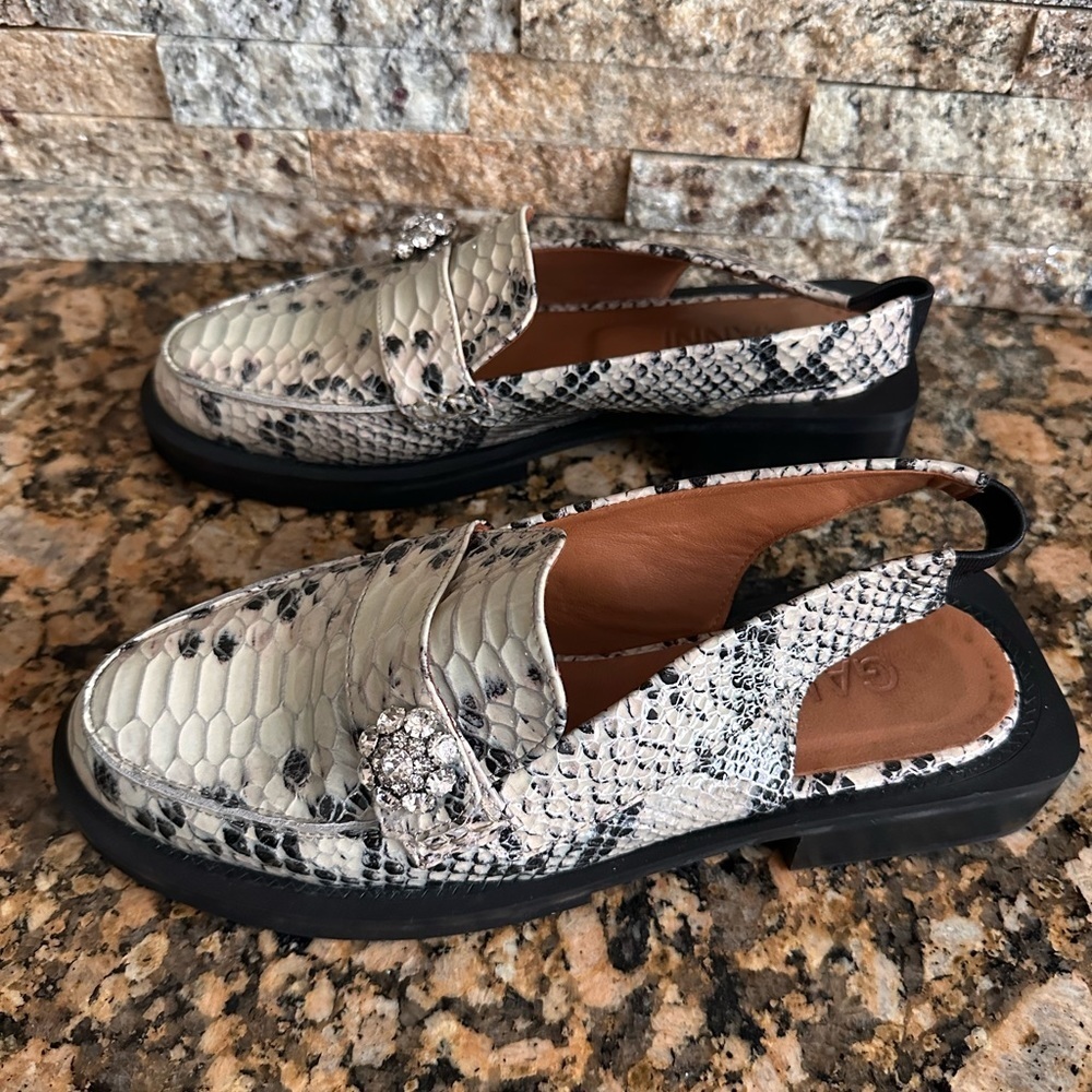 GANNI Women Crystal Embellish Snakeskin Leather Slingback Loafers - Picture 3 of 8
